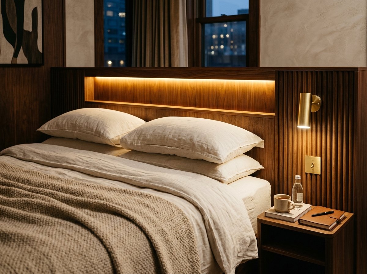 AMORA Master Suite Bed with Warm Walnut Detailing and Ambient Lighting