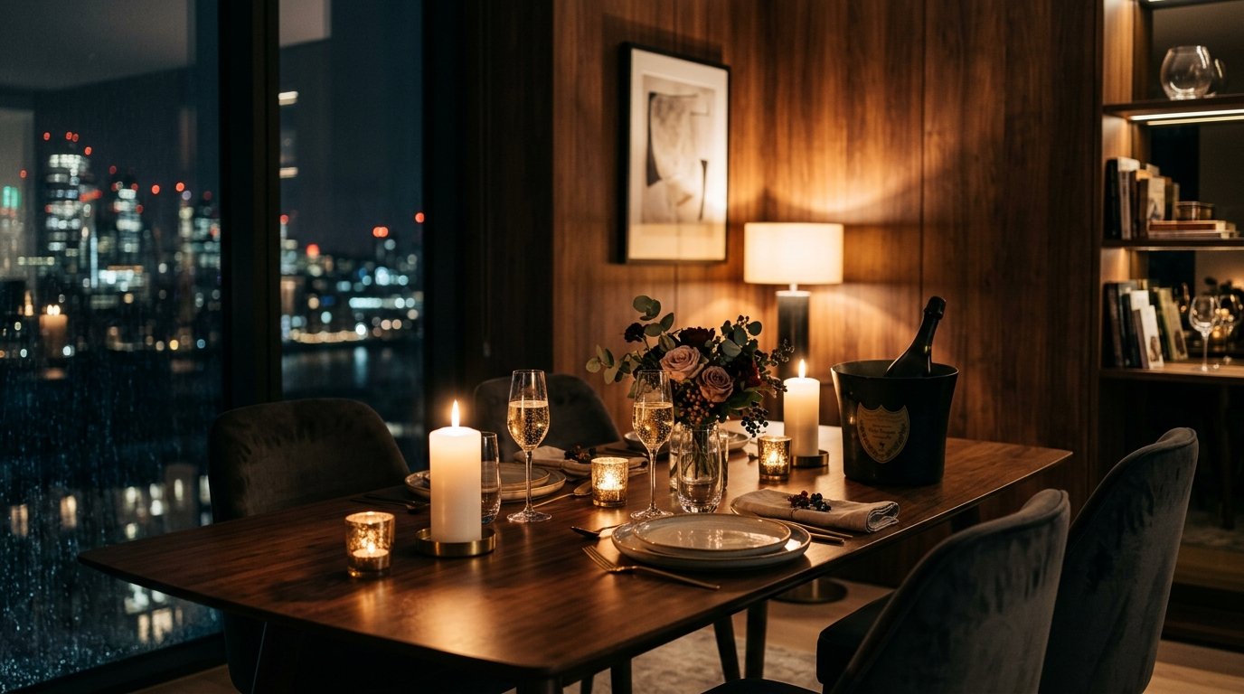 Intimate candlelit evening dinner in AMORA studio