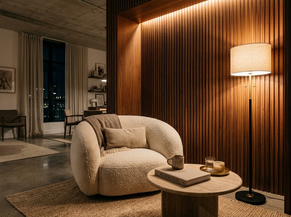 Cozy bouclé lounge chair and reading nook